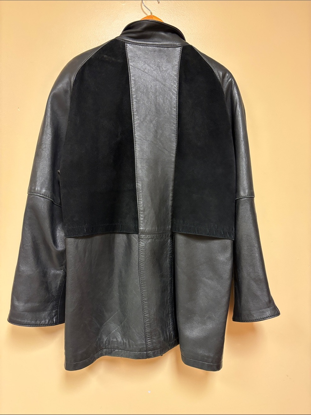 Women's Black Leather & Suede Panel Long Jacket - Picture 6 of 6